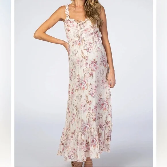 pink blush maternity floral maxi dress Inflorescence | Blush PINK Mesh Floral Bardot Maternity Maxi Dress
